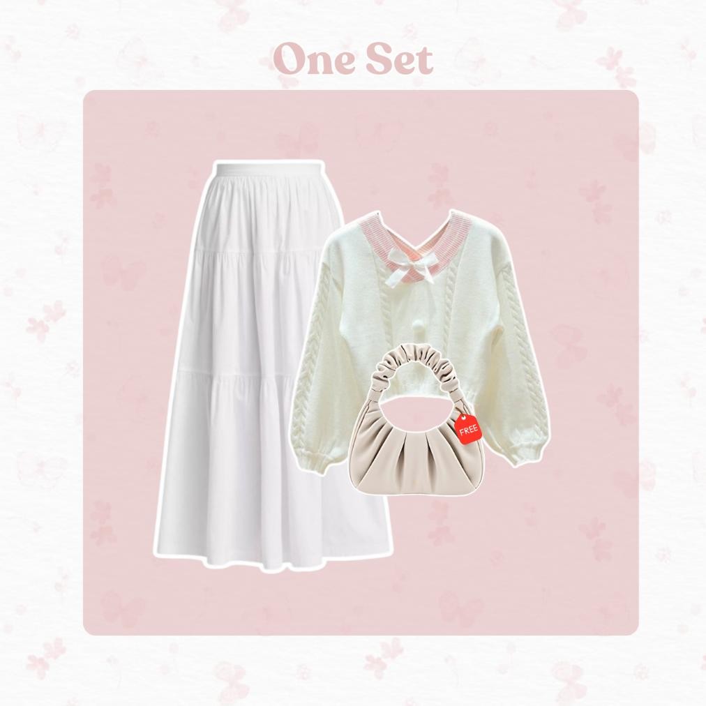 Racun Shopee One Set Korean Style | Ootd Wanita Kekinian (Sweater Rajut Kawai, Rok Susun Hyget, Hija