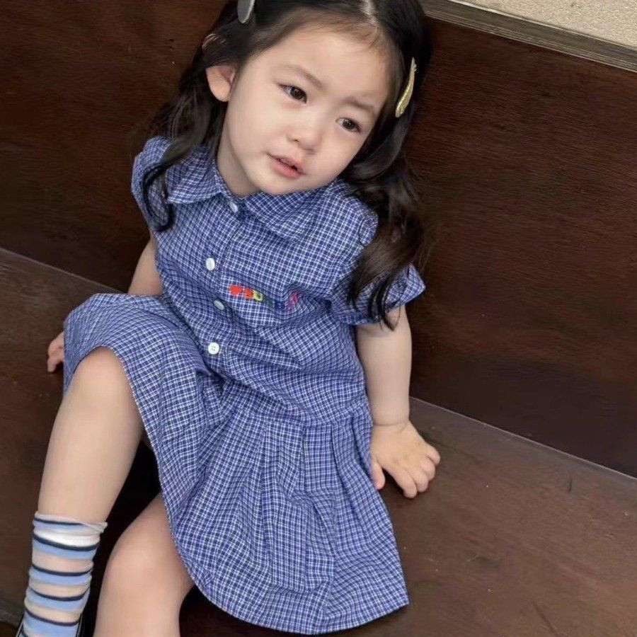 ELF TRIBEGaun Anak Perempuan Temperamen 2025 Musim Panas Baru Anak-Anak Kotak-Kotak Kerah Kemeja Gau