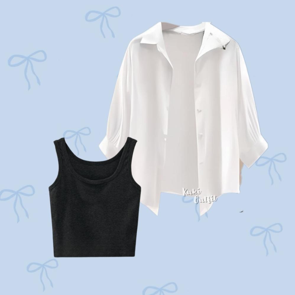 Promo 1 Set Korean Style (Kemeja, Celana Jeans, Tanktop) One Set Wanita Hijab Ootd Rajut Stripe - Kk