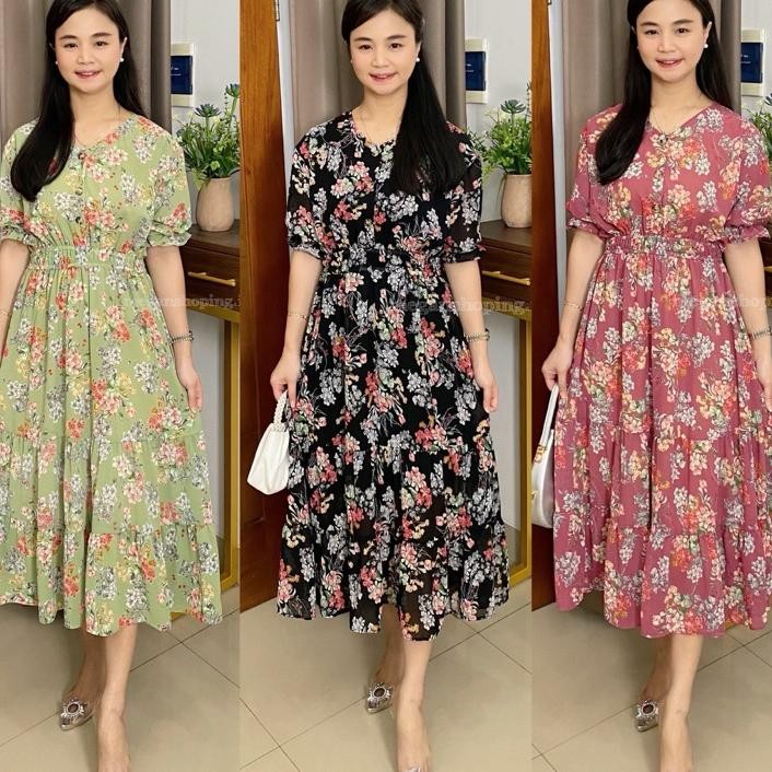 Meganing Heira Dress Gaya Korea Flowery Dress Lengan Balon Kancing Ceruty Fashion Wanita