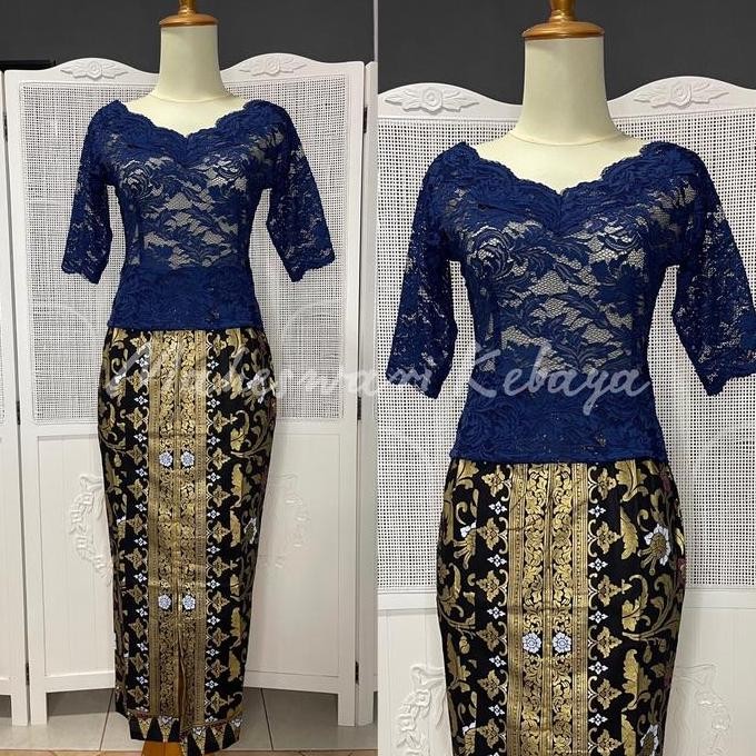 Kebaya Bali Set Brukat Sabrina Pendek Navy Rok Panjang