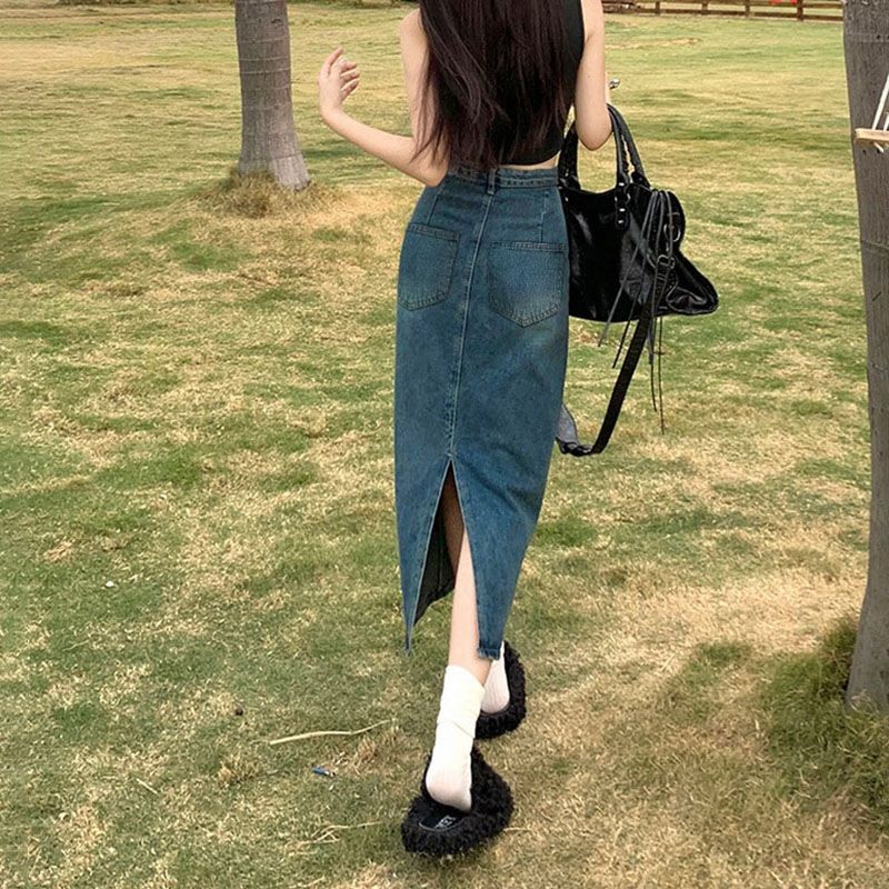 Women's Denim Skirt2025Summer A High-waisted with side slit