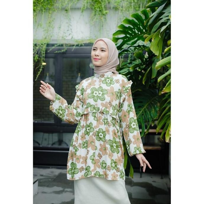 TUNIK GREEN FLOWER HARUMI RAYON KATUN PREMIUM 2H collections Bunga Kancing Karet Kerah Nyaman Panjan