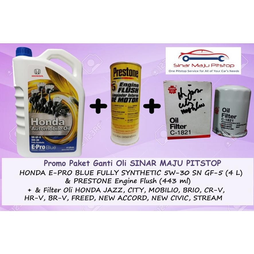 Paket Ganti Oli HONDA E-PRO BLUE 5W-30 SN GF-5 Orinal 4 Liter & Engine Flush & Filter Mobil HONDA JA