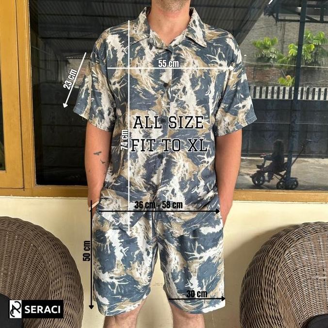 Seraci - One Set Kemeja Pria Dan Wanita Setelan Celana Pendek Hawaii Daily Outfit Pantai Bahan Rayon