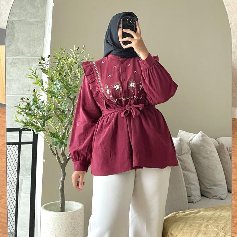 HANAKO 347 | Blouse Rempel Motif Salur | Free Belt