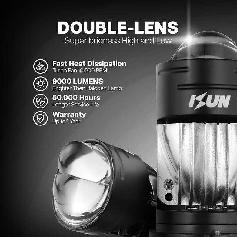 ISUN Lampu H4 Mini BILED MB50 dengan Double-Lens Laser dan Kipas Pendingin DC9-60V/50W