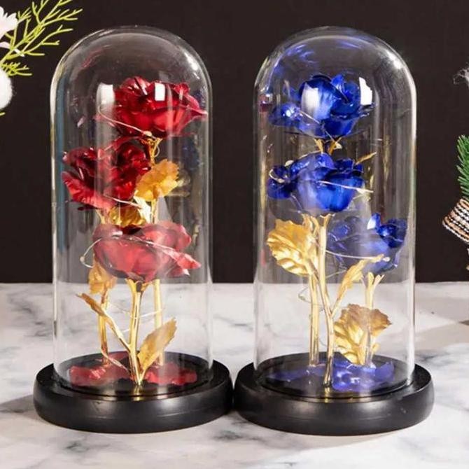 Lampu Buket Bunga Taffhome 3 Mawar Kubah Kaca Hias Meja Kado Valentine