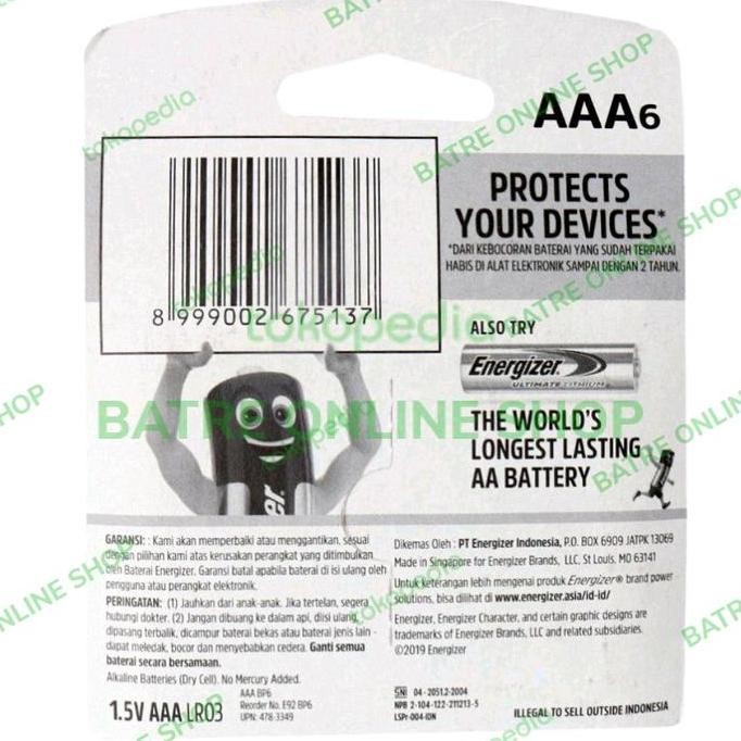 ENERGIZER AAA 1,5V ALKALINE ISI 6 6PCS 6PC BATRE BATERAI AAA ENERGIZER murah
