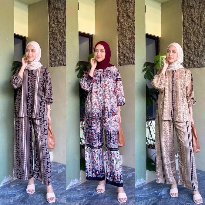 Oneshop - Oneset Setelan Kekinian Katun Rayon Motif Premium Baju Kemeja Celana Kulot Panjang Wanita 