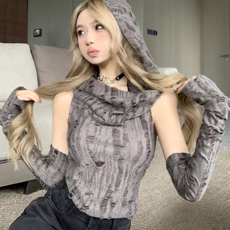 Chu RanCOD 2025 Gaya Baru Temperamen Ramping Pendek Atasan Wanita Rompi Lubang Hoodie T-Shirt