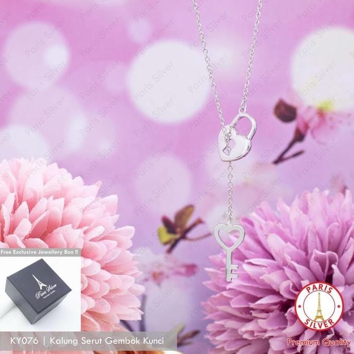 PROMO - Kalung Serut Liontin Gembok Kunci Hati Perak Silver 925 Lapis Emas Putih Heart Key Lock Neck