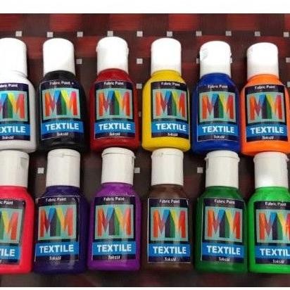 Set 30Ml 12 Warna Bonus 1 Putih Cat Textile Mm Cat Tekstil Untuk Lukis Kain Baju Kaos Sepatu Jilbab