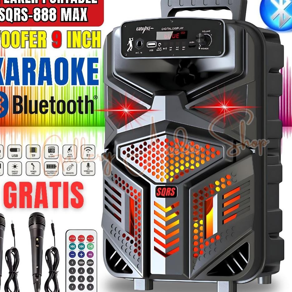 Speaker Bluetooth Sqrs 888 Max Led 9 Inch Free 2Pcs Mic Karaoke Remote Charger Usb Speaker Karaoke F