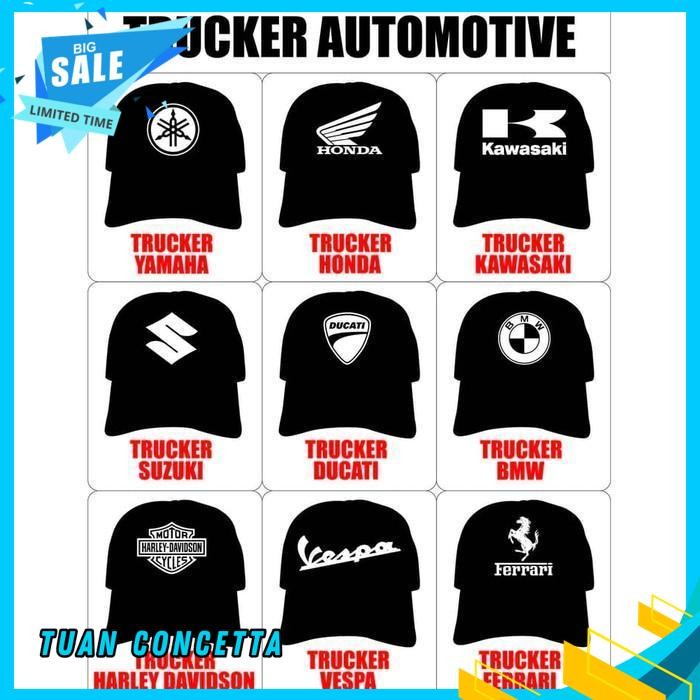 TOPI TRUCKER JARING HAT CAP DISTRO OTOMOTIF YAMAHA HONDA KAWASAKI SUZUKI DUCATI BMW HARLEY VESPA FER