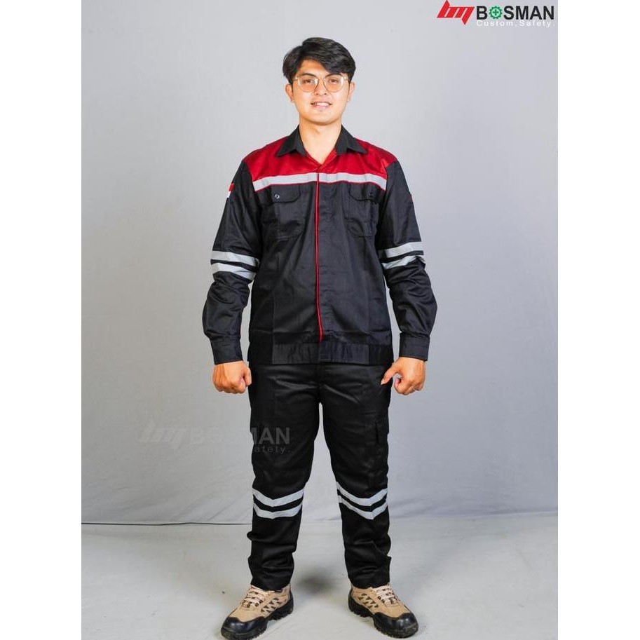 Wearpack safety oneset-navy merah-seragam kerja-baju dan celana safety-Atasan dan bawahan wearpack s