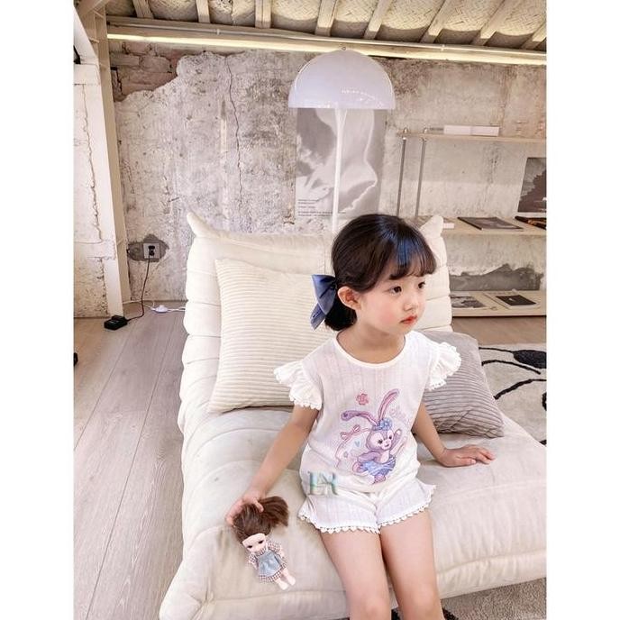 LNR Shop Baju Piyama Anak Perempuan Balita 1-10 Tahun Pakaian Tidur Lengan Pendek Renda Motif Kelinc