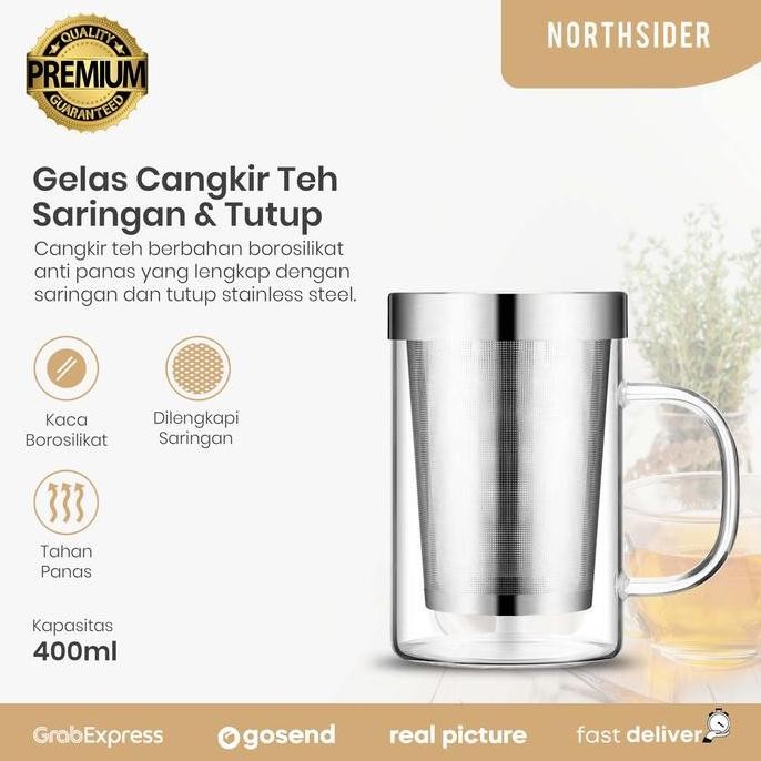 Gelas cangkir teh kaca 400ml saringan dan tutup stainless steel