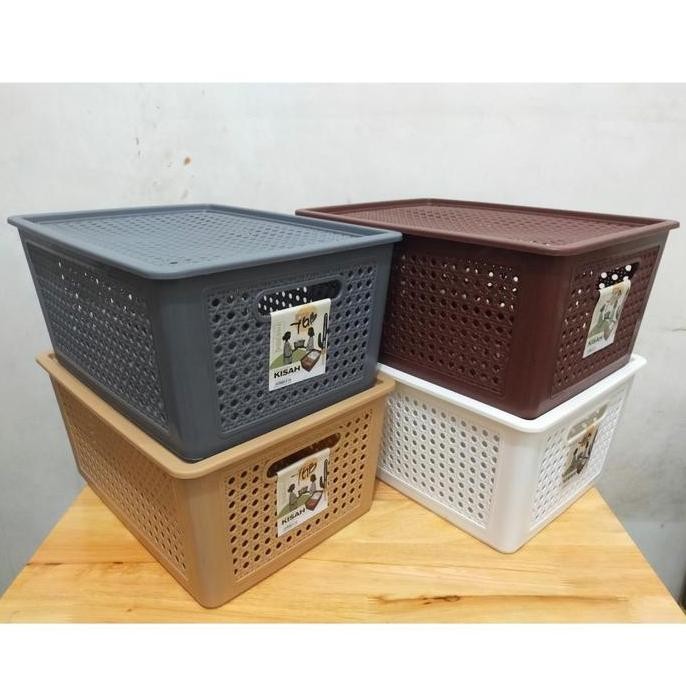 Terbaik Keranjang Tutup Besar / Keranjang Kiara Size L / Kotak Plastik Rotan 100% Ori