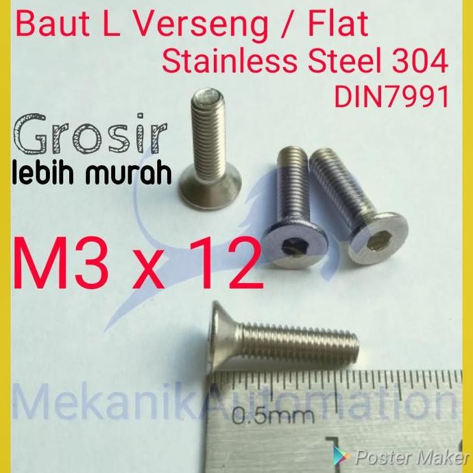 New Baut L Flat M3 x 12 Verseng SS304