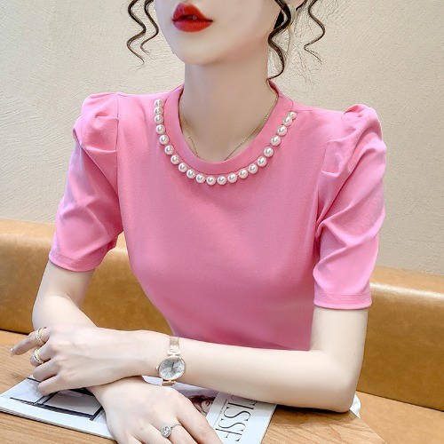 Round Neck Puff Sleeve T T-shirt Unique Temperament Beaded Top
