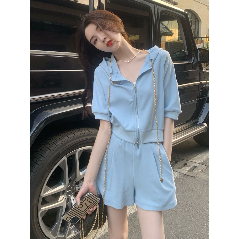 Set Celana Pendek Lengan Pendek Olahraga Kasual Musim Panas Wanita