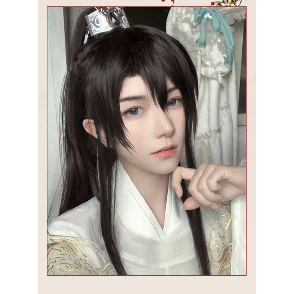 Kostum Kuno Pria Hanfu Topi Wig Rambut Panjang Lurus Realistis