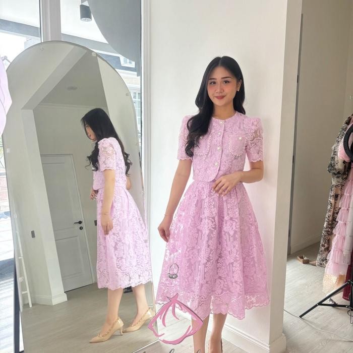 Lace Button One Set Pink/Ungu/Biru Casual Wanita Setelan Modis Elegant Feminim Party Casual Korean S