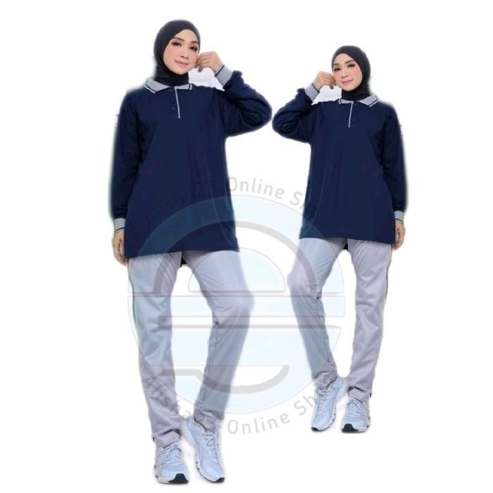 Setelan Kaos Kerah Polos Lengan Panjang Unieks Satu Set Training Olahraga Abu Pria Wanita Baju Berke