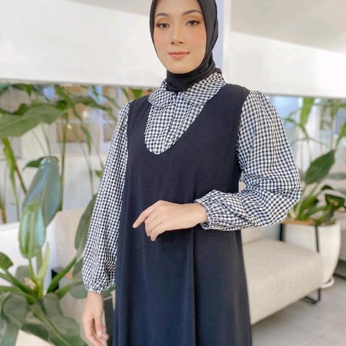 New Arina dress cantik kotak crincle Airflow RS015 Karet Muslim Nyaman Panjang Variasi Crinkle Gamis