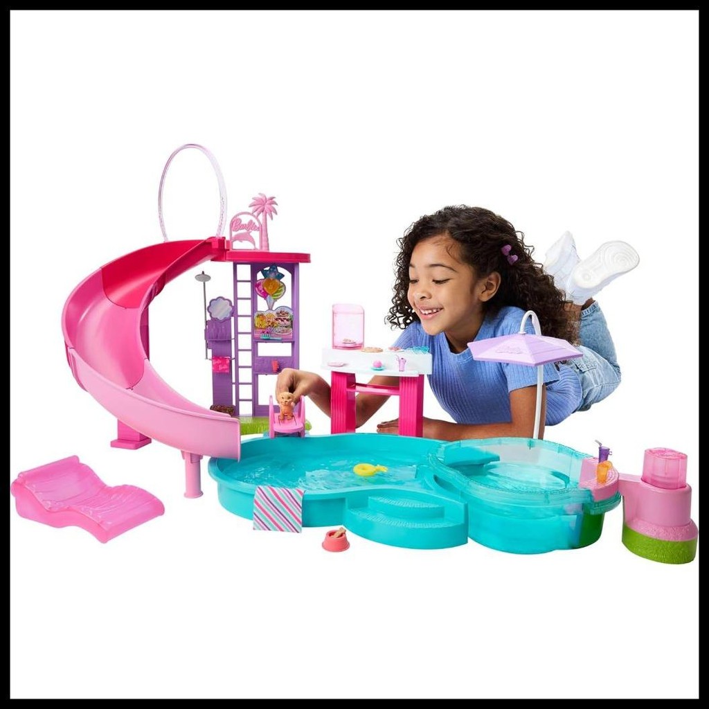 NEW SET PERMAINAN KOLAM RENANG IMPIAN BARBIE SPESIAL DENGAN 6 AREA BERMAIN, TERMASUK PEROSOTAN & BAK