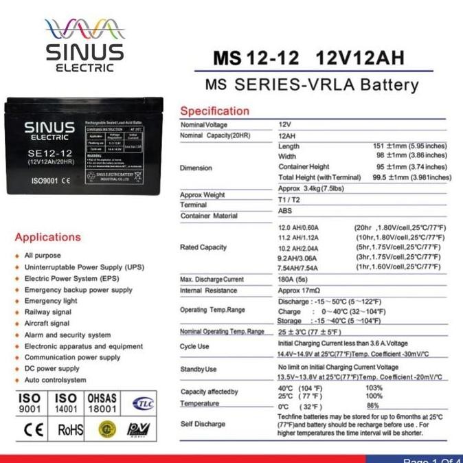 Aki Sepeda Listrik 12V 12Ah Aki Vrla Sinus 12-12