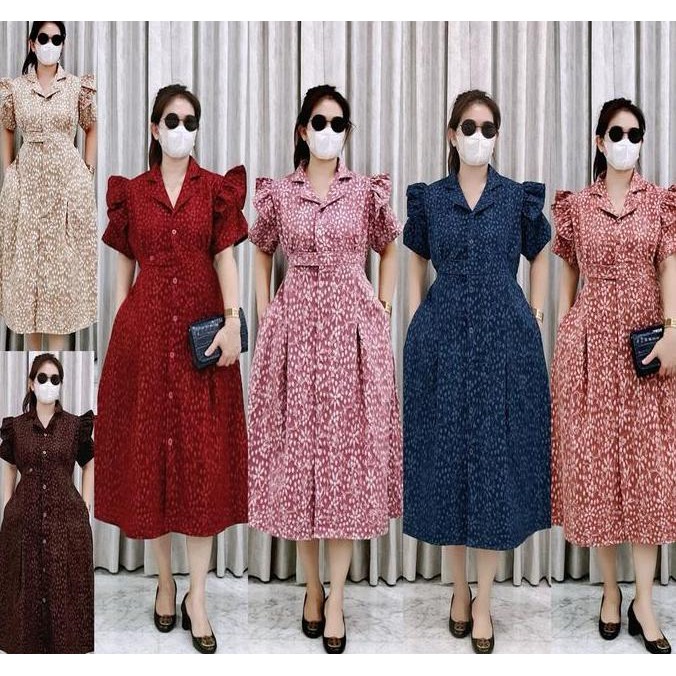 Ladiescloth Aluna Midi Dress Jacquard Gaun Wanita Casual Formal Dress Full Kancing Dress Gereja Pest