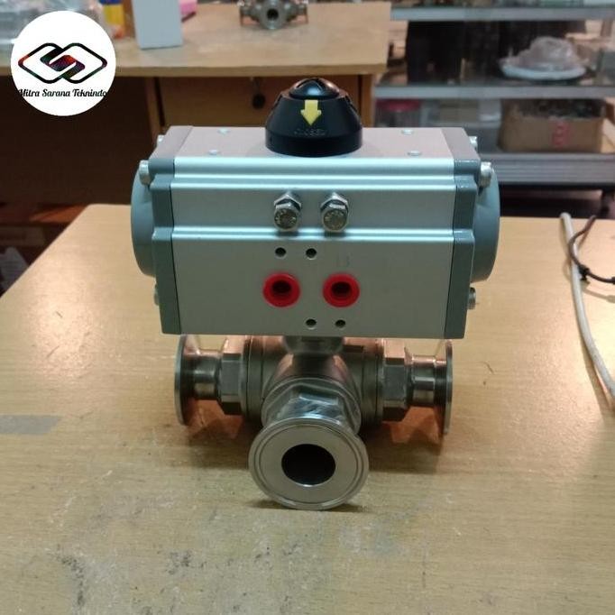 Ball Valve Sanitary Three 3 Way Pneumatic Actuator 1" inch