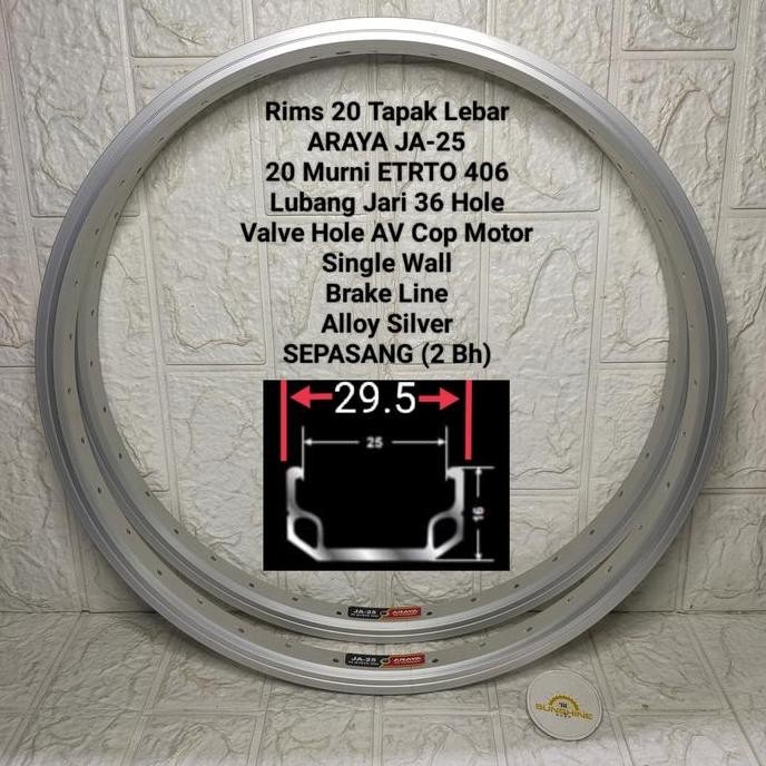 TERBARU Rims Velg 20 Murni ARAYA JA25 ETRTO 406 Lubang 36H Rim Alloy Single Wall Tapak Lebar Silver 