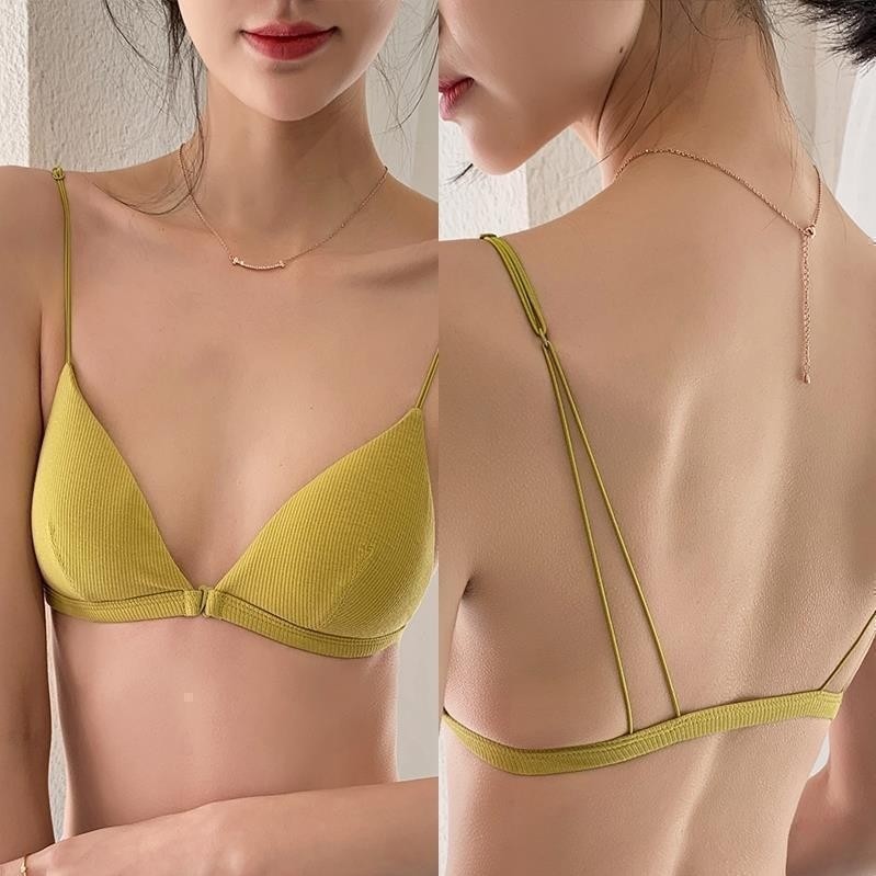 【Bisikannya】【COD】Bra cup segitiga kait depan tanpa kawat, bra tali spaghetti seksi hasrat murni