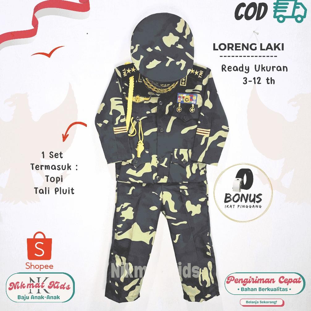 Seragam kostum stelan baju tentara loreng anak profesi anak baju tentara  tni anak laki laki tk paud