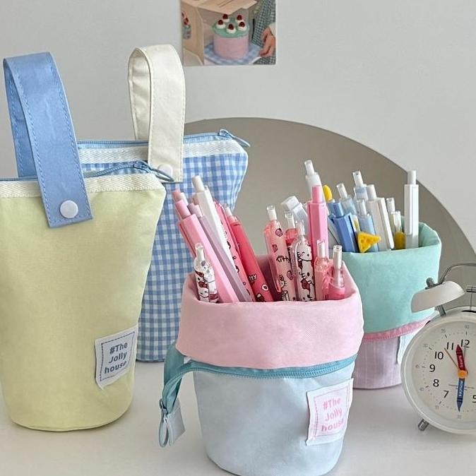 Tas Pensil Korea Pouch Makeup Handle Pastel Estetik Bucket Pensil Case Aesthetic Minimalis Wadah Tem