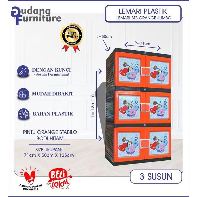 Promo Lemari Jumbo Lemari Pakaian Lemari Plastik 3 Susun BTS + KUNCI 3 SUSUN ORANGE ( BTS3SSNK-OREN 