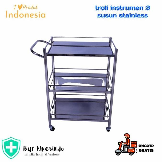 troli instrument 3 rak stainless - meja instrumen 3 susun stainless IQB