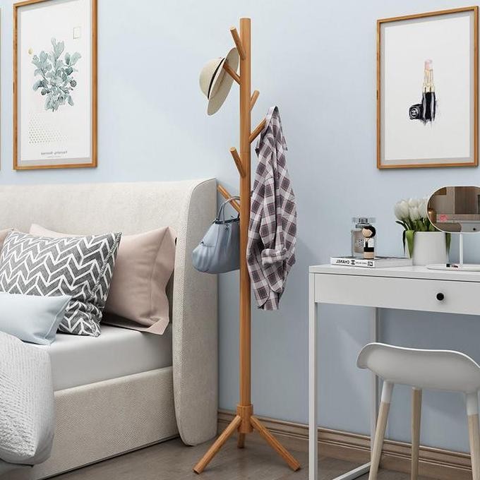 Standing Hanger Kayu Gantungan Baju Topi Tas Serbaguna Gantungan Kayu