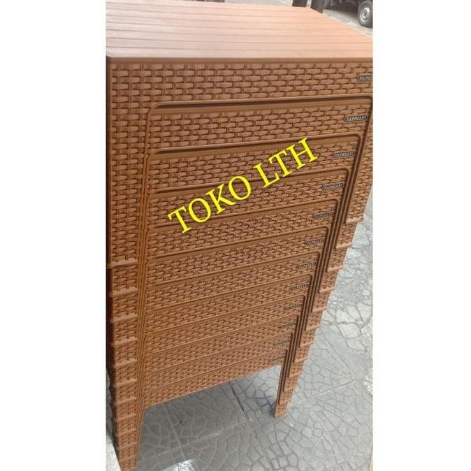 MEJA PLASTIK PERSEGI PANJANG MOTIF ROTAN ANYAMAN NAPOLLY / MEJA TERAS