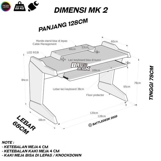 Meja Komputer Gaming PC Desk RGB murah 128x68 - Battledesk MK 2