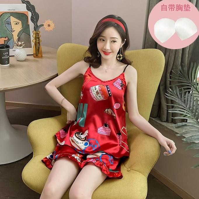 Set Piyama Sexy Wanita Dengan Cup Bra Bahan Silk Premium Baju Tidur