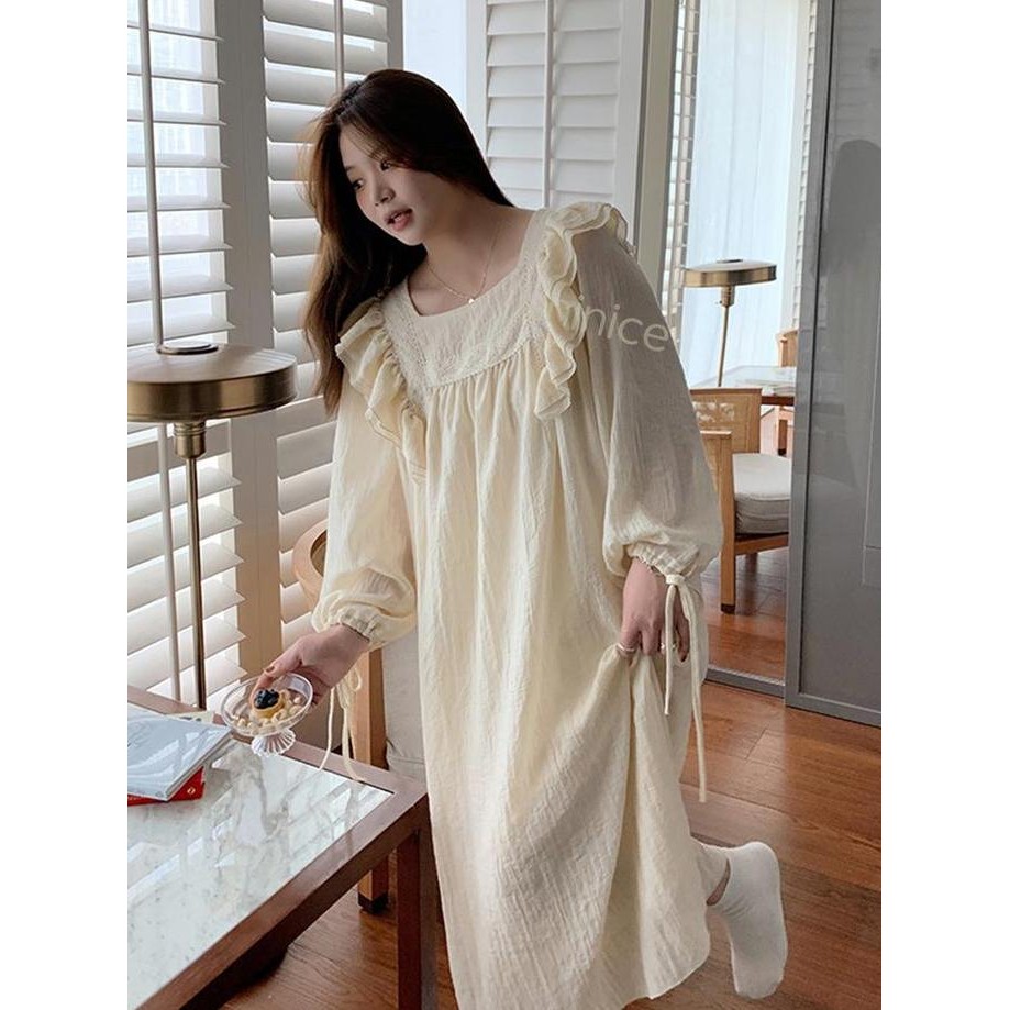 Uninice Lengan Panjang Rok Tidur Renda Piyama Pakaian Rumah