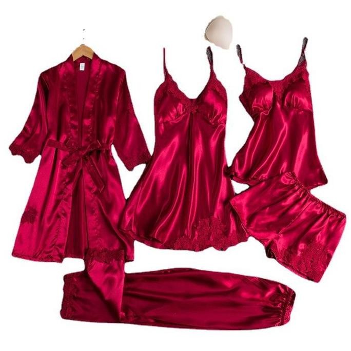 Piyama Set Sexy Kimono 5 In 1/ Baju Satin Wanita Sexy Lingerie Dress