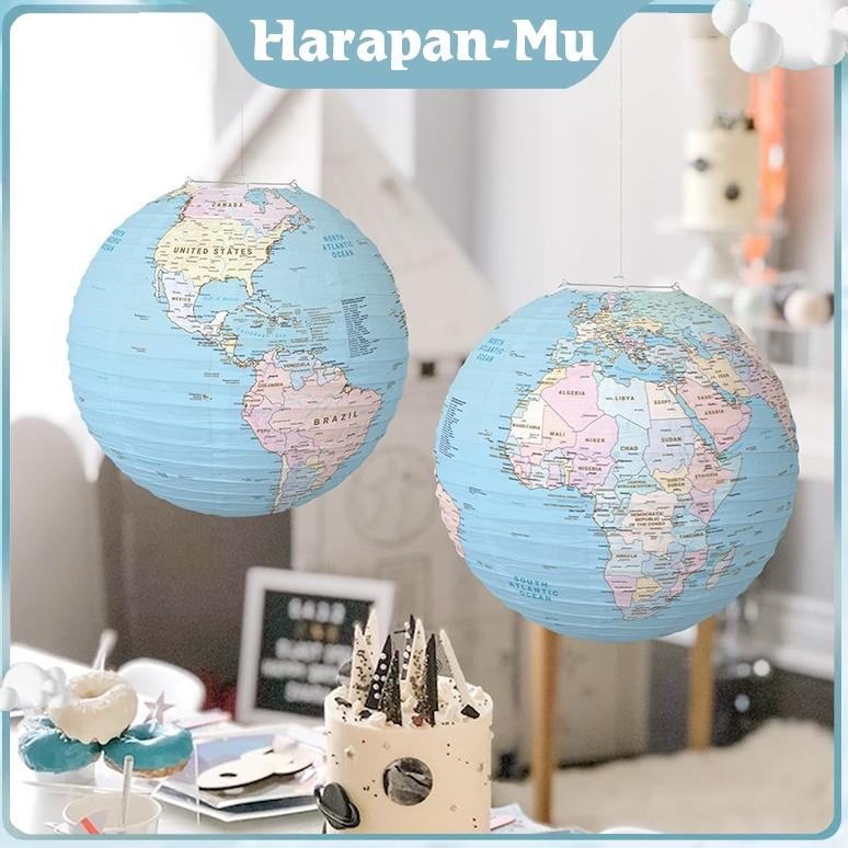 UGNDA 1Pasang Kertas Gantung Peta Dunia / LED Lampion Kertas Gantung / Globe Bola Dunia Lampion