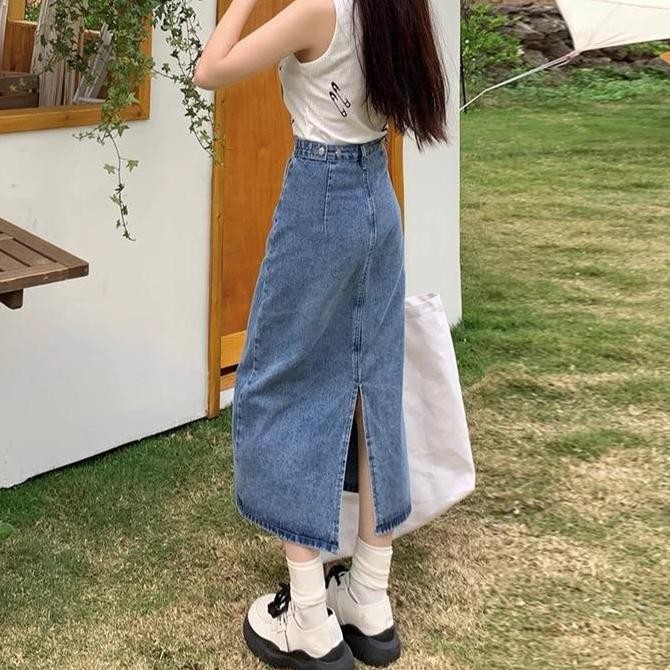 Promo Rok Jeans 7/8 Rok Belah Belakang Rok Jeans Panjang Korean Style High Waist Skirt Rok Kancing N