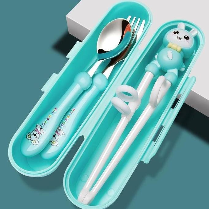 Set Alat Makan Stainless 4 in 1/ Set sendok Garpu Sumpit Anak Free Tempat /Sendok Sumpit  Latihan An
