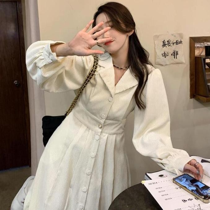 Dress Korean Style Kerah Setelan Pinggang Retro Elegan Lengan Panjang Korduroi Terbaru Rok Midi